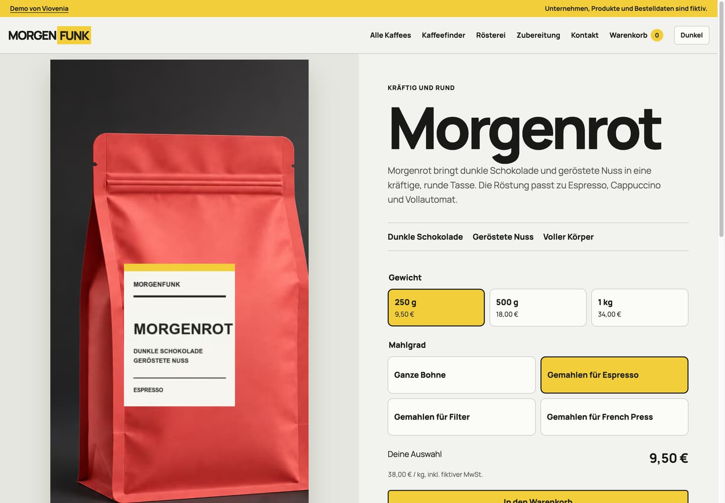 Eigene Shop-Demo mit Produktbild und Auswahl der Produktvariante.